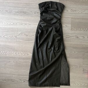 Zara Olive Green Leather Strapless Midi Dress